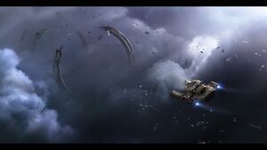 Die Drake Interplanetary Vulture im Flug über Wrackteilen einer Raumstation (de)